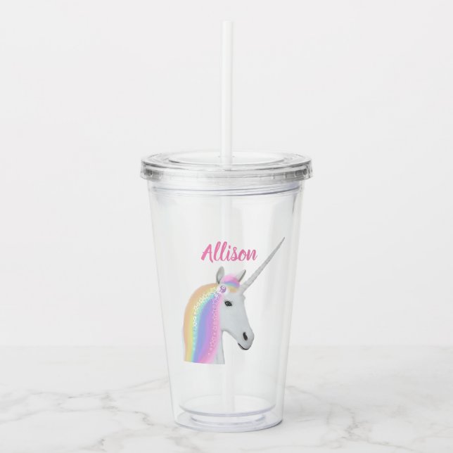 Pink Unicorn Personalised Acrylic Tumbler (Front)