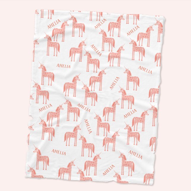 Pink Unicorn Personalised Name Fleece Blanket (Personalized custom name pink unicorn pattern baby fleece blanket)