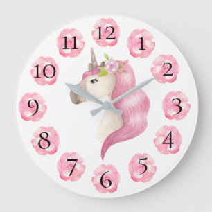 Pink Unicorn Pretty Girly Pastel Floral Large Clock