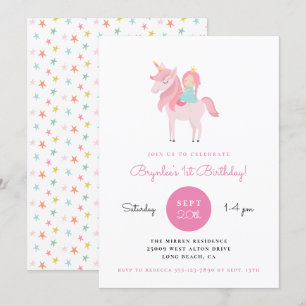 Pink Unicorn Princess Birthday Party Invitation