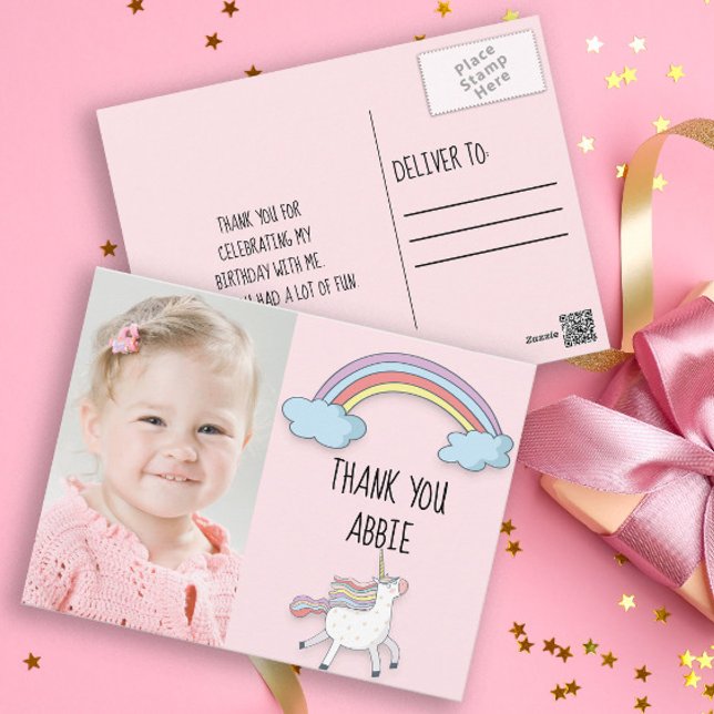 Pink Unicorn / Rainbow Birthday Photo Thank You Postcard (Little girl's pink unicorn and rainbow custom birthday party thank you card. )