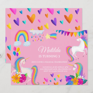 Pink Unicorn Rainbow Colorful Birthday Invitation