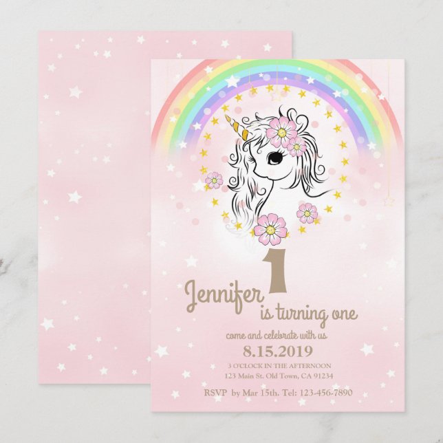Pink Unicorn RainBow Girl 1st Birthday Cards (Front/Back)
