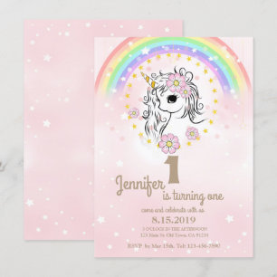 Pink Unicorn RainBow Girl 1st Birthday Cards