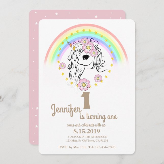 Pink Unicorn RainBow Girl 1st Birthday Cards (Front/Back)