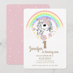 Pink Unicorn RainBow Girl 1st Birthday Cards