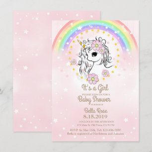 Pink Unicorn RainBow Girl Baby Shower Cards