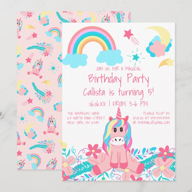 Pink Unicorn Rainbow Moon Stars Flowers Birthday Invitation (Front/Back)