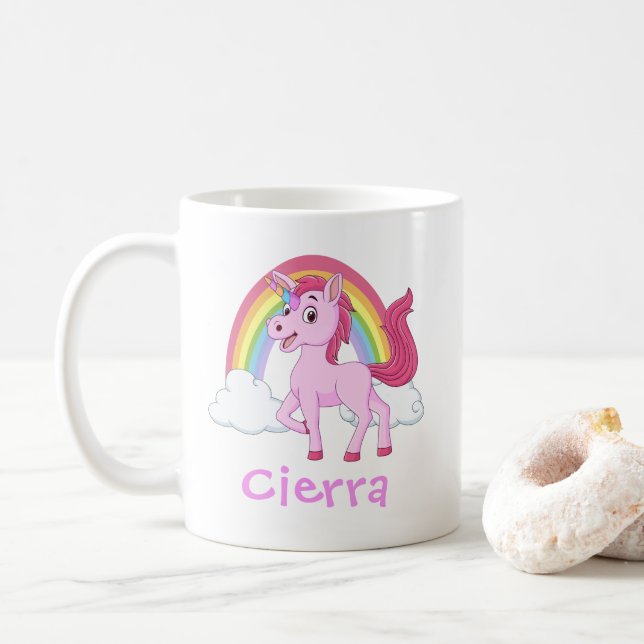 Pink Unicorn Rainbow Personalised Name Coffee Mug (With Donut)
