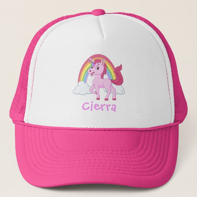 Pink Unicorn Rainbow Personalised Name Trucker Hat (Front)