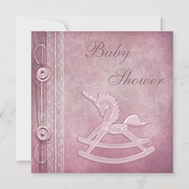 Pink Unicorn Rocking Horse & Lace Baby Shower Invitation (Front)