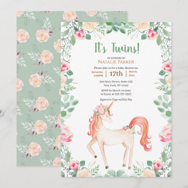 Pink Unicorn Rose Floral Greenery Twin Baby Shower Invitation (Front/Back)