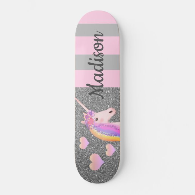 Pink Unicorn Silver Glitter Girls Personalised Skateboard (Front)