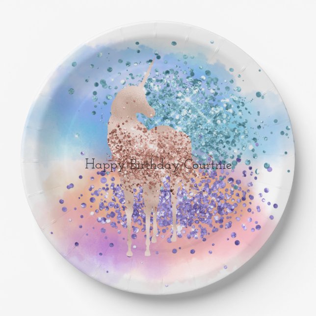 Pink Unicorn Sparkle Purple Aqua Glitter Confetti  Paper Plate (Front)
