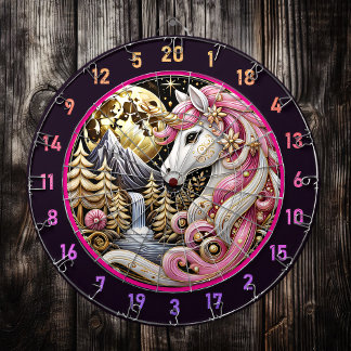 Pink Unicorn Stands Under Golden Moon Dartboard