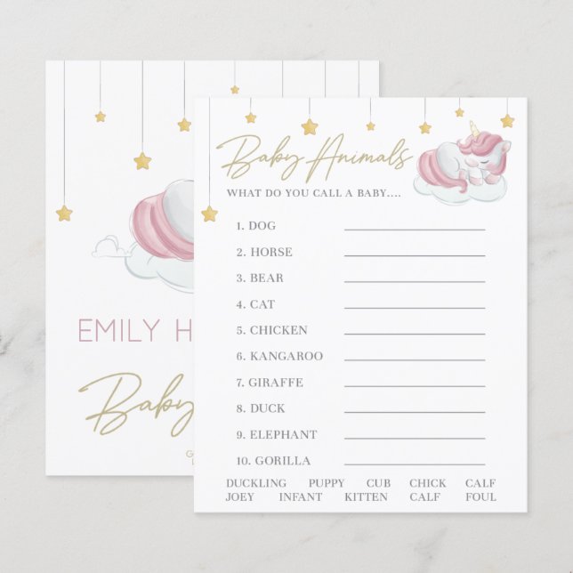 Pink Unicorn Stars Baby Shower Animals Game (Front/Back)