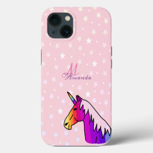 Pink Unicorn Stars Girly Kids Monogram Name iPhone 13 Case