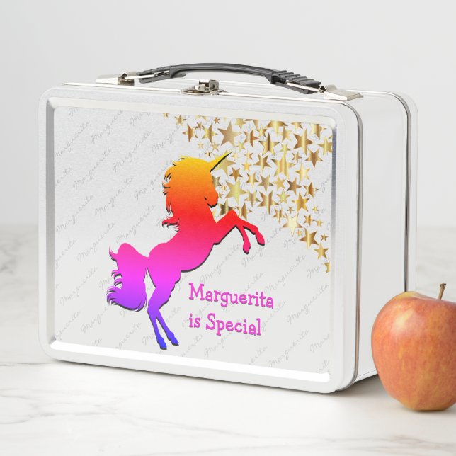Pink UNICORN Stars Personalised Metal Lunch Box (In Situ)
