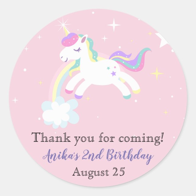 Pink Unicorn Stars Rainbow Glitter Girls Birthday Classic Round Sticker (Front)