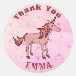 Pink Unicorn Thank You Name Classic Round Sticker