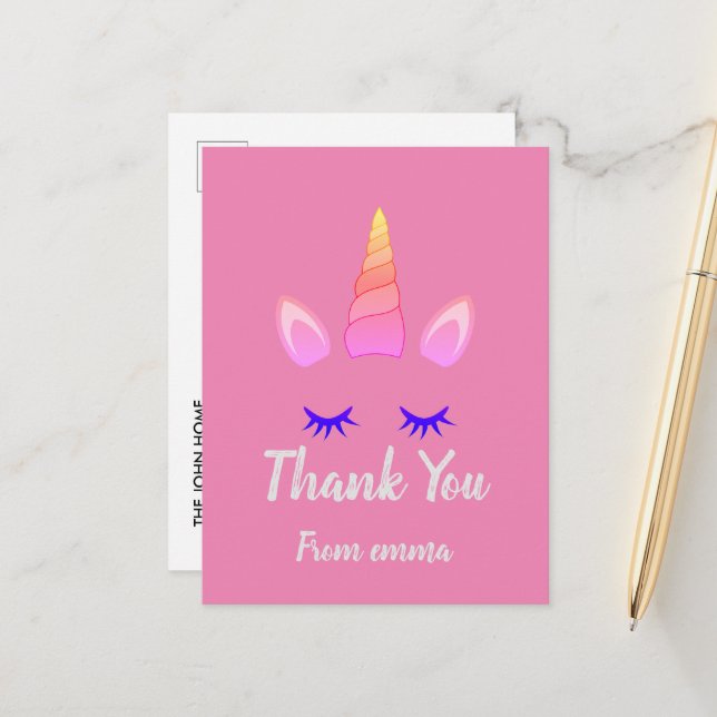 Pink Unicorn Theme Birthday Postcard (Front/Back In Situ)