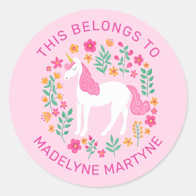 Pink Unicorn This Belongs To Personalised School Classic Round Sticker (Front)