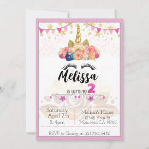 Pink Unicorn turning 2 Birthday party invitation