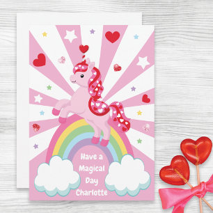 Pink Unicorn Valentine’s Day Kids Classroom Flat  Holiday Card