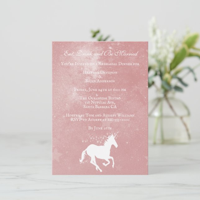 Pink Unicorn Wedding Rehearsal Dinner Invite (Standing Front)