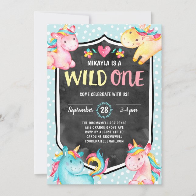 Pink Unicorn Wild One 1st Birthday Party Invitation (Front)