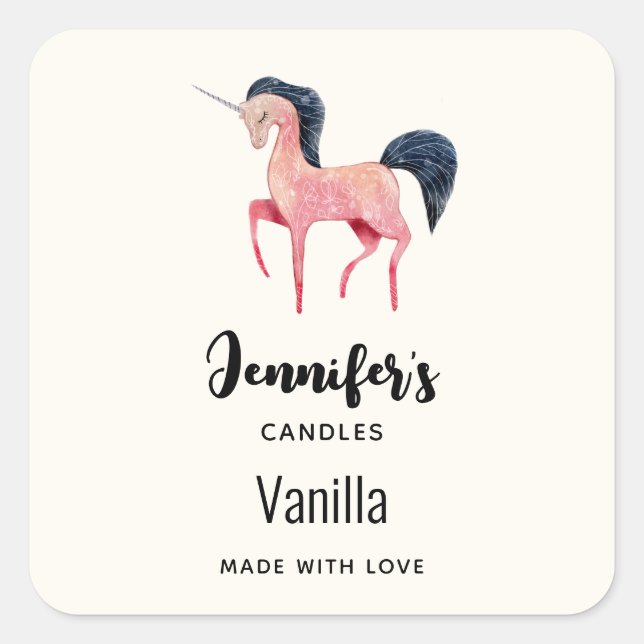 Pink Unicorn with Black Mane Candle Business Square Sticker (Front)