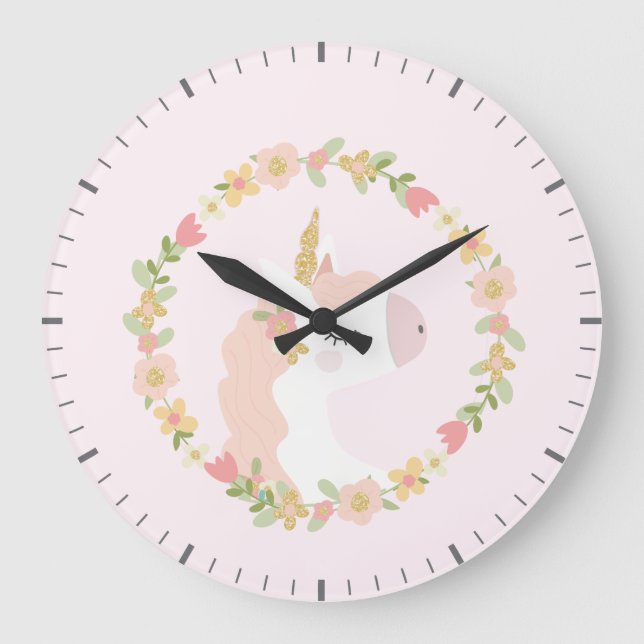 Pink Unicorn with Flowers Wall Clock (Front)