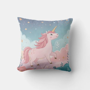 Pink Unicorn with Golden Horn – Pastel Clouds  Cushion