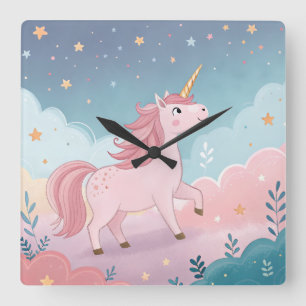 Pink Unicorn with Golden Horn – Pastel Clouds  Square Wall Clock