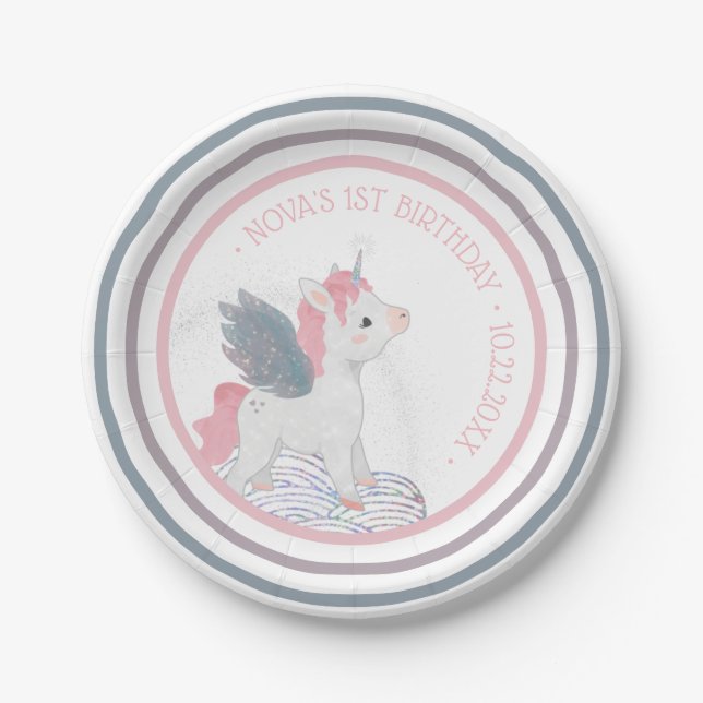 Pink Unicorn with Wings Birthday Paper Plate (Front)