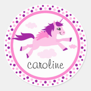Pink unicorn with wings personalised name classic round sticker