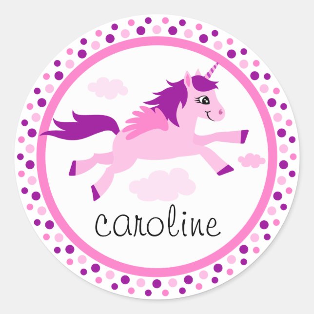 Pink unicorn with wings personalised name classic round sticker (Front)