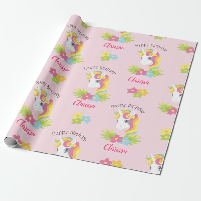 Pink Unicorn Wrapping Paper (Personalised) Girls (Unrolled)