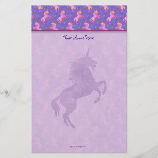 Pink Unicorns Top Border Stationery (Front)