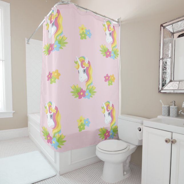 Pink Unicorns with Flowers Shower Curtain (In Situ)