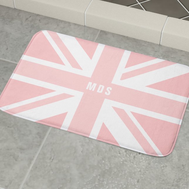 Pink Union Jack UK Flag Monogram Bath Mat (Long live bubble baths! Add your initials or name to this cute pink UK flag bath mat)
