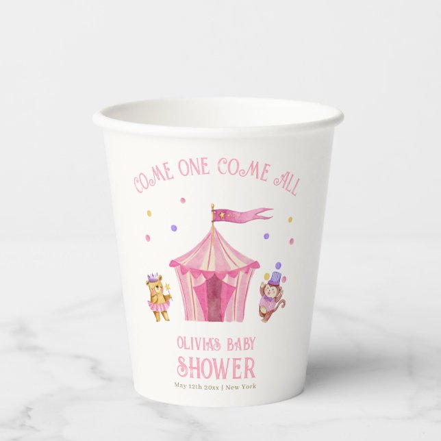 Pink Unique Circus Bear Monkey Baby Shower Paper Cups (Front)