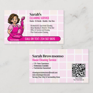 Pink Vacuum Cartoon Cleaning Lady QR Housekeeping Business Card