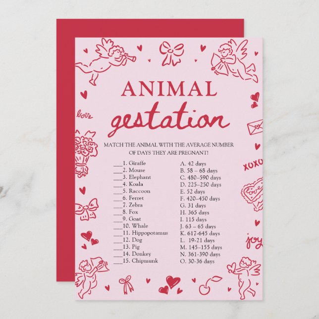 Pink Valentine Animal Gestation Baby Shower Game Invitation (Front/Back)