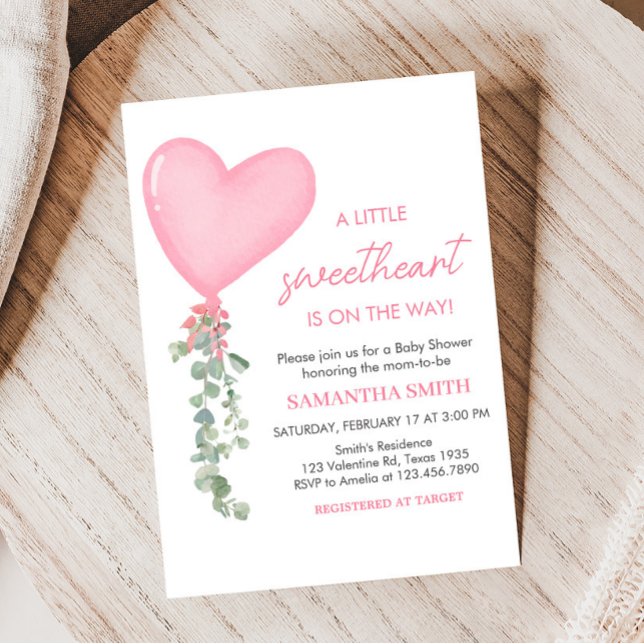 Pink Valentine Balloon Baby Shower  Invitation (A Little Sweetheart Balloon Baby Shower invitation)