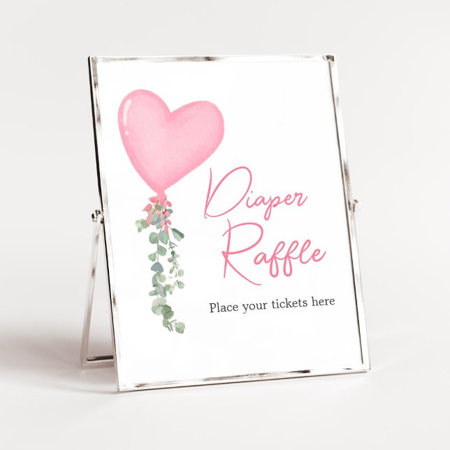 Pink Valentine Balloon Diaper Raffle Poster (A Little Sweetheart Balloon Baby Shower Diaper Raffle Sign)