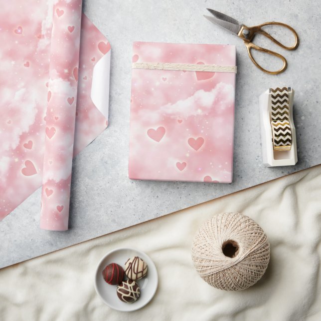 Pink Valentine Clouds Sky with Glowing Hearts Wrapping Paper (Crafts)