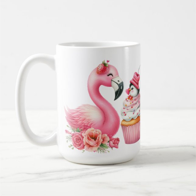 PINK VALENTINE FLAMINGO WITH STRAWBERRY CUPCAKE COFFEE MUG (Left)