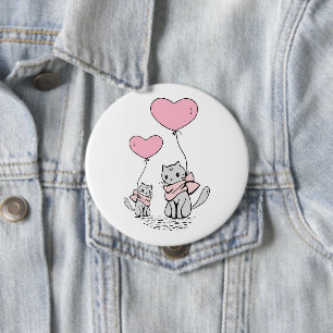 PINK VALENTINE HEART BALLOONS WITH GRAY KITTENS 10 CM ROUND BADGE