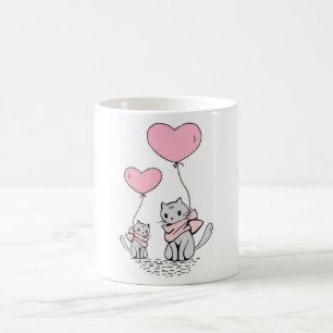 PINK VALENTINE HEART BALLOONS WITH GRAY KITTENS COFFEE MUG